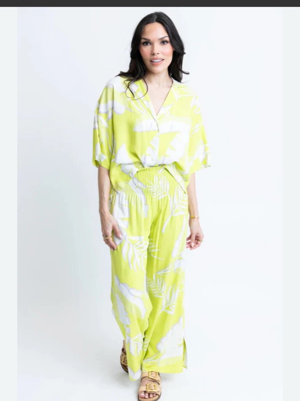 Karlie Outfit - Lime Green Palm-Leaf Oversized  Top &  Smocked wide leg pants L